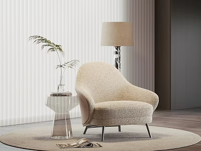 Plush Beige Accent Chair On Round Rug With Clear Acrylic Side Table And Floor Lamp 3d model