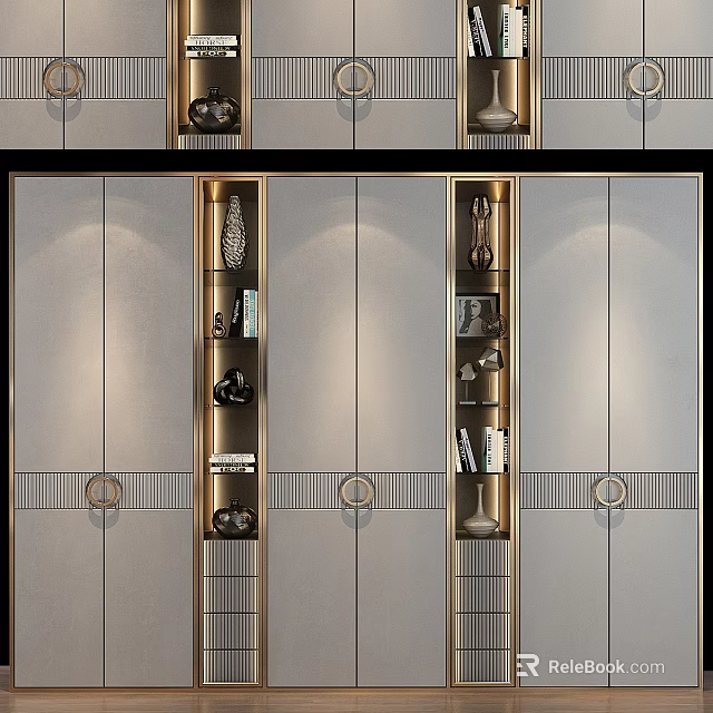Elegant Modern Storage Cabinet With Gold Accents Glass Doors And Multi layer Storage Shelves 3d model 