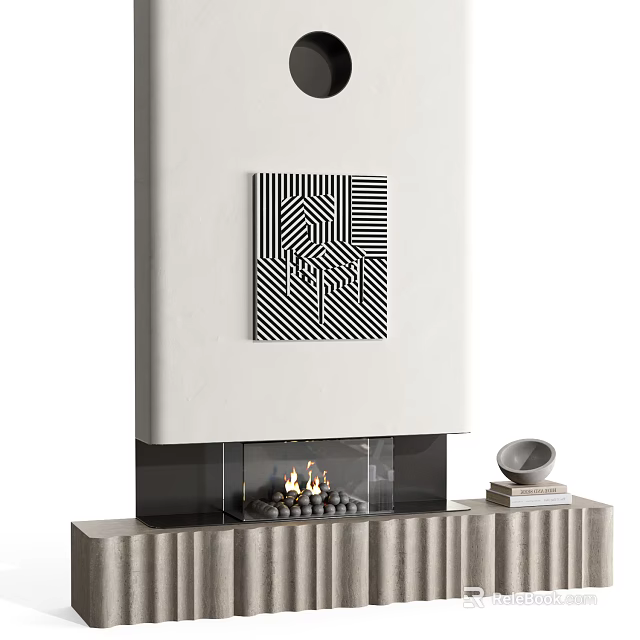Modern White Fireplace Featuring Black And White Geometric Pattern With Burning Fire And Decorative Base 3d model
