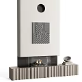 Modern White Fireplace Featuring Black And White Geometric Pattern With Burning Fire And Decorative Base 3d model