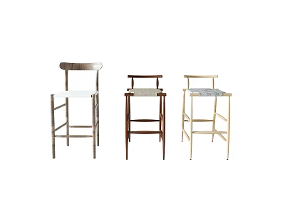 Three Stylish Different Bar Stools with Wooden Frames and Padded Seats 3d model