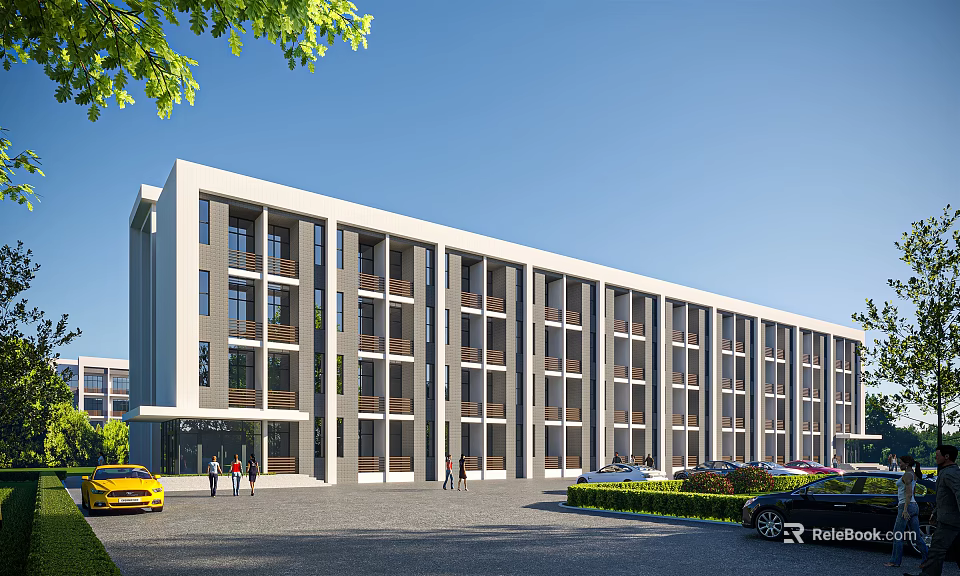 Modern School Building With Multiple Floors Large Windows Greenery Parking Area And People Walking 3d model 