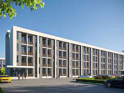 Modern School Building With Multiple Floors Large Windows Greenery Parking Area And People Walking 3d model