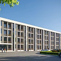 Modern School Building With Multiple Floors Large Windows Greenery Parking Area And People Walking
