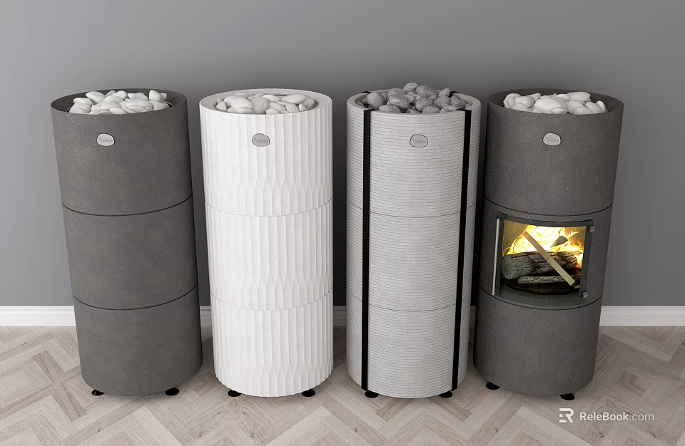 Modern Cylindrical Fireplace Designs With Various Colors Textures And Flame 3d model 