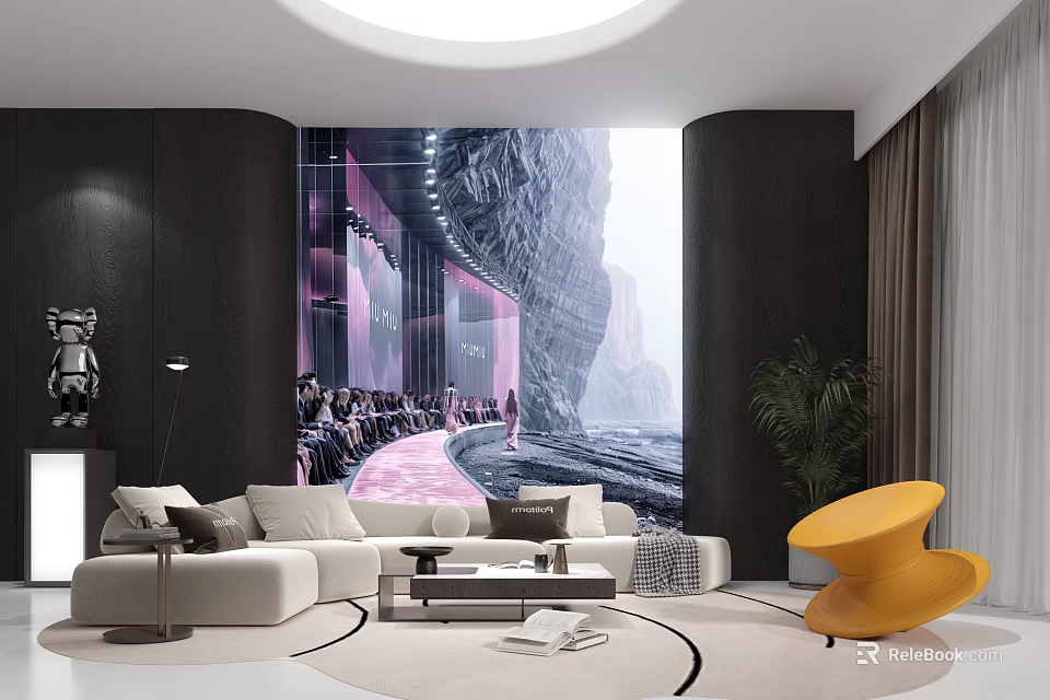 Modern Lounge Room Interior With White Sofa Yellow Chair Large Mountain Mural And Soft Lighting 3d model 