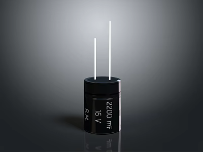 Black Cylindrical Capacitor With 2200 mF 16V Rating And Metal Pins Design 3d model