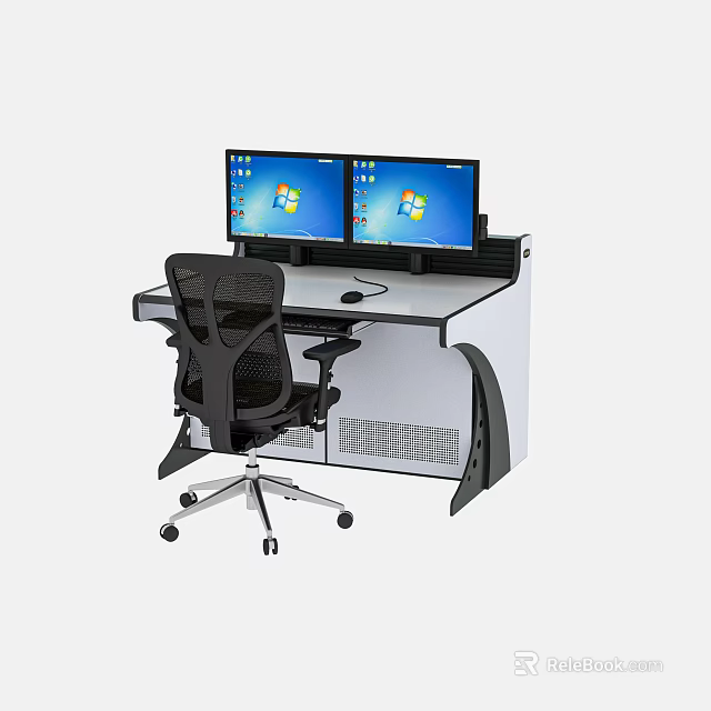Modern Functional Computer Desk With Dual Monitors Ergonomic Chair And Storage 3d model 