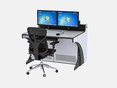 Modern Functional Computer Desk With Dual Monitors Ergonomic Chair And Storage 3d model