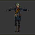 Man In Green Helmet And Blue Coat With Arms Outstretched Standing On Gray Background