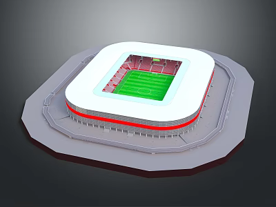 Modern Football Stadium 3D Model With White Exterior Red Seats And Green Field 3d model