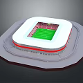 Modern Football Stadium 3D Model With White Exterior Red Seats And Green Field