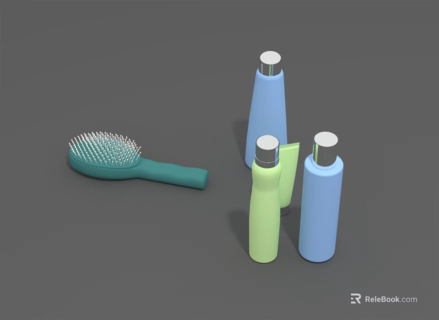 Colorful Bathroom Accessories Including Green Hairbrush And Colored Bottles With Silver Caps 3d model 