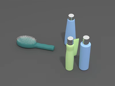 Colorful Bathroom Accessories Including Green Hairbrush And Colored Bottles With Silver Caps 3d model