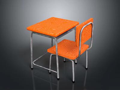 Orange Patterned Desk And Chair Set With Metal Frame For Study Room 3d model