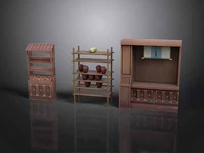 Wooden Furniture Set With Open Shelves Cabinet Drawers Apples And Towel 3d model