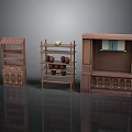 Wooden Furniture Set With Open Shelves Cabinet Drawers Apples And Towel