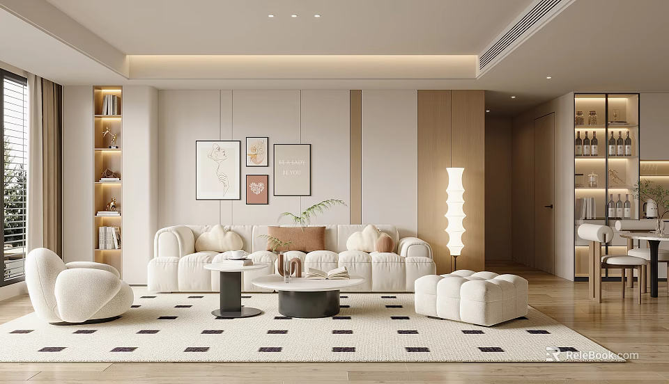 Modern Minimalist Living and Dining Area Interior With White Sofa Artwork Bookshelves and Floor Lamp 3d model 