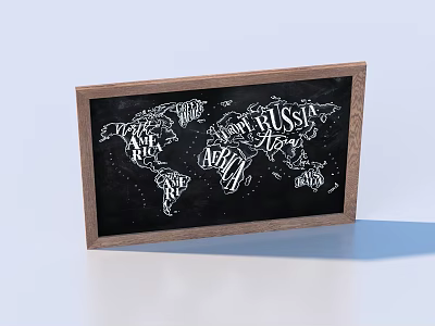 Wooden Frame Chalkboard World Map With Handwritten Continent Names For Home Decor 3d model