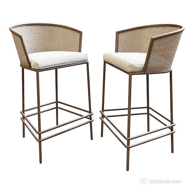 Two Rattan Bar Stools With Cushioned Seats And Bronze Metal Frames 3d model 