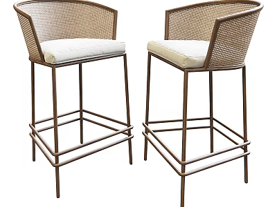 Two Rattan Bar Stools With Cushioned Seats And Bronze Metal Frames 3d model