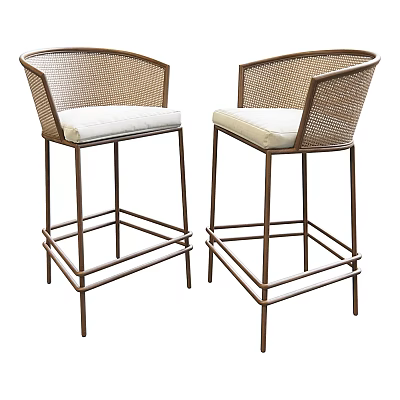 Two Rattan Bar Stools With Cushioned Seats And Bronze Metal Frames 3d model