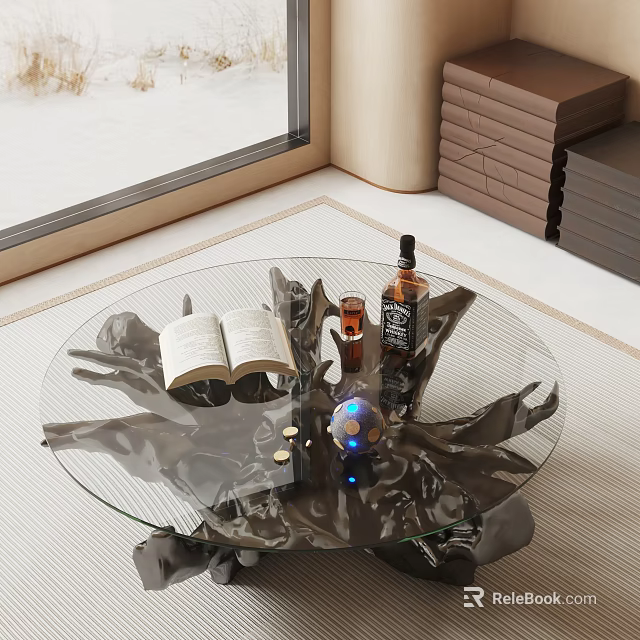 Unique Round Glass Top Coffee Table With Open Book Liquor Bottle And Glowing Blue Sphere 3d model 