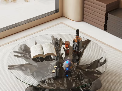 Unique Round Glass Top Coffee Table With Open Book Liquor Bottle And Glowing Blue Sphere 3d model