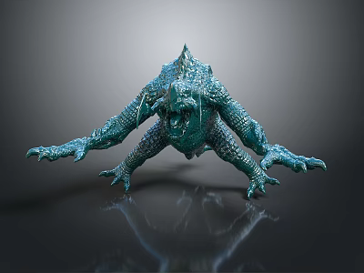 Teal Colored Game Movie Monster Character With Spiked Back Scaly Skin And Extended Limbs 3d model