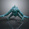 Teal Colored Game Movie Monster Character With Spiked Back Scaly Skin And Extended Limbs