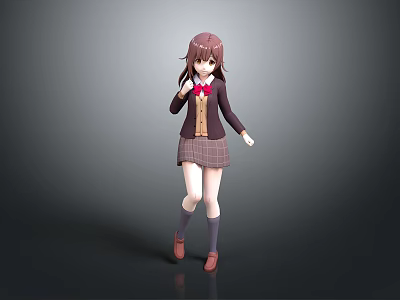 Anime Style Game Movie Character Brown Hair School Uniform Red Bow Plaid Skirt Standing Pose 3d model
