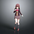 Anime Style Game Movie Character Brown Hair School Uniform Red Bow Plaid Skirt Standing Pose