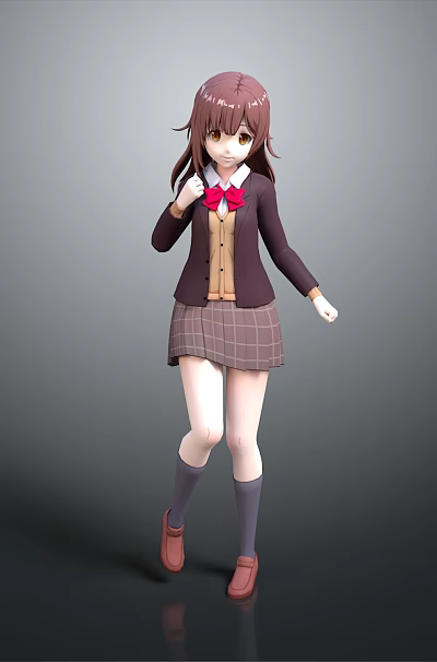 Anime Style Game Movie Character Brown Hair School Uniform Red Bow Plaid Skirt Standing Pose 3d model