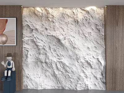 White Rough Textured Background Wall With Wooden Panels And Framed Artwork 3d model