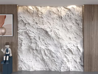 White Rough Textured Background Wall With Wooden Panels And Framed Artwork 3d model