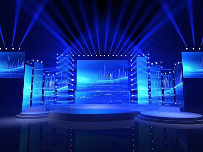 Modern Stage Setup With Blue Lighting Large Screens Platforms And Tech Elements 3d model