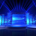 Modern Stage Setup With Blue Lighting Large Screens Platforms And Tech Elements