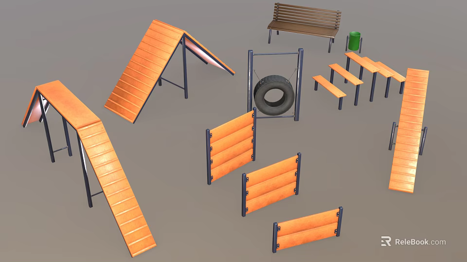 Wooden Playground Equipment With Ramps Benches Tires And Steps For Kids 3d model 