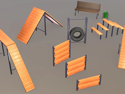 Wooden Playground Equipment With Ramps Benches Tires And Steps For Kids 3d model