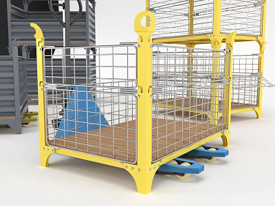 Yellow Metal Cage Industrial Equipment With Metal Railings Wooden Floor And Blue Wheels 3d model