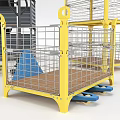 Yellow Metal Cage Industrial Equipment With Metal Railings Wooden Floor And Blue Wheels