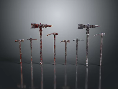 Various Ancient Battle Axes With Metal Blades Red Accents And Different Handles 3d model