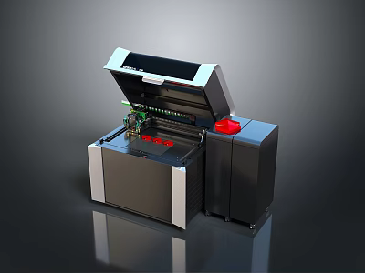 Black Silver Industrial Machine With Open Lid Red Button And Internal Components 3d model