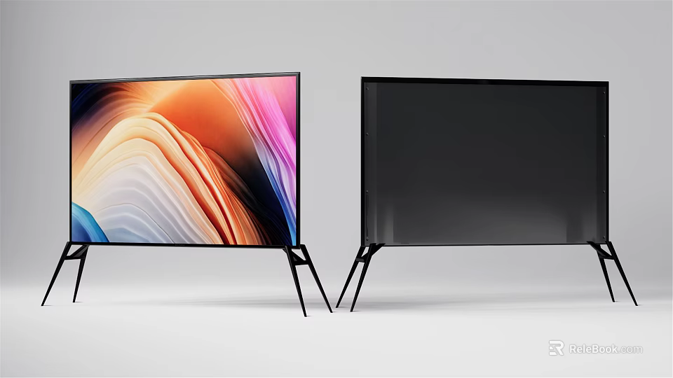 Two Modern TVs With Colorful Wave Display And Black Screen On Black Stands 3d model 