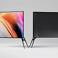 Two Modern TVs With Colorful Wave Display And Black Screen On Black Stands