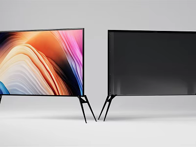 Two Modern TVs With Colorful Wave Display And Black Screen On Black Stands 3d model