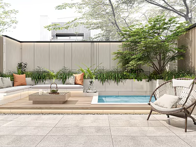 Modern Outdoor Garden Landscape With Swimming Pool Sofa Green Plants Wooden Deck And Stone Flooring 3d model