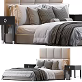 Double Bed With Upholstered Headboard Light Colored Bedding Black Nightstands And Decorative Pillows 3d model