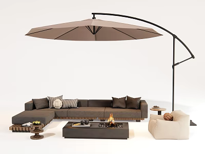 Outdoor Sofa Area With Large Patio Umbrella And Fire Pit 3d model