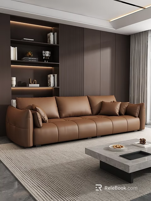 Elegant Living Room Interior With Brown Leather Sofa Textured Walls And Decorative Bookshelf 3d model 